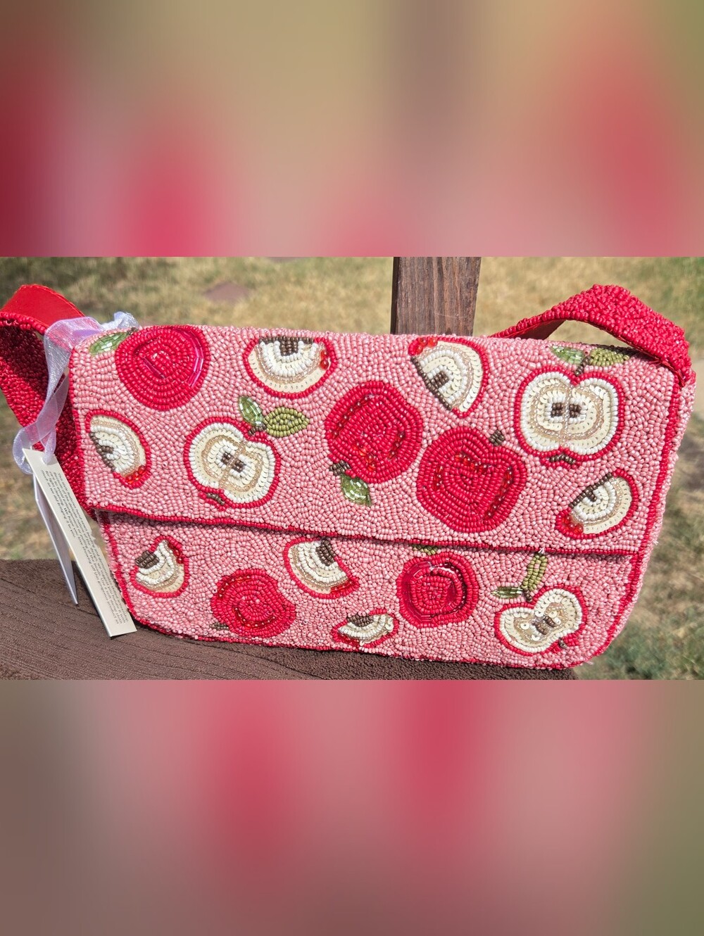 T.J.Maxx Pink Beaded Shoulder Bag with Red and White Apple Motif